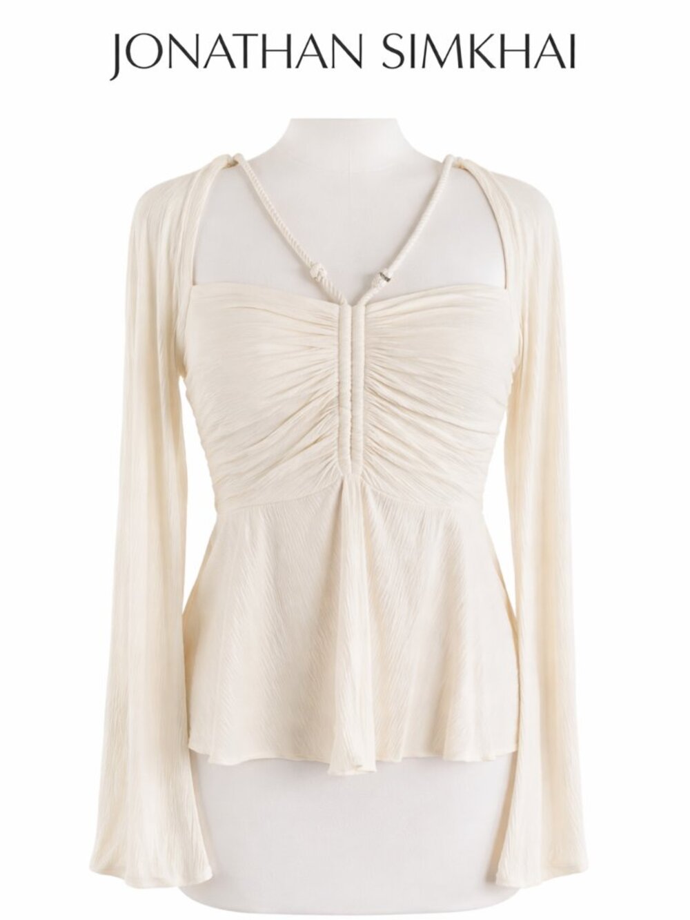 Jonathan Simkhai Cream Ruched Bust Peplum Long Sleeve Blouse Womens Size S Small